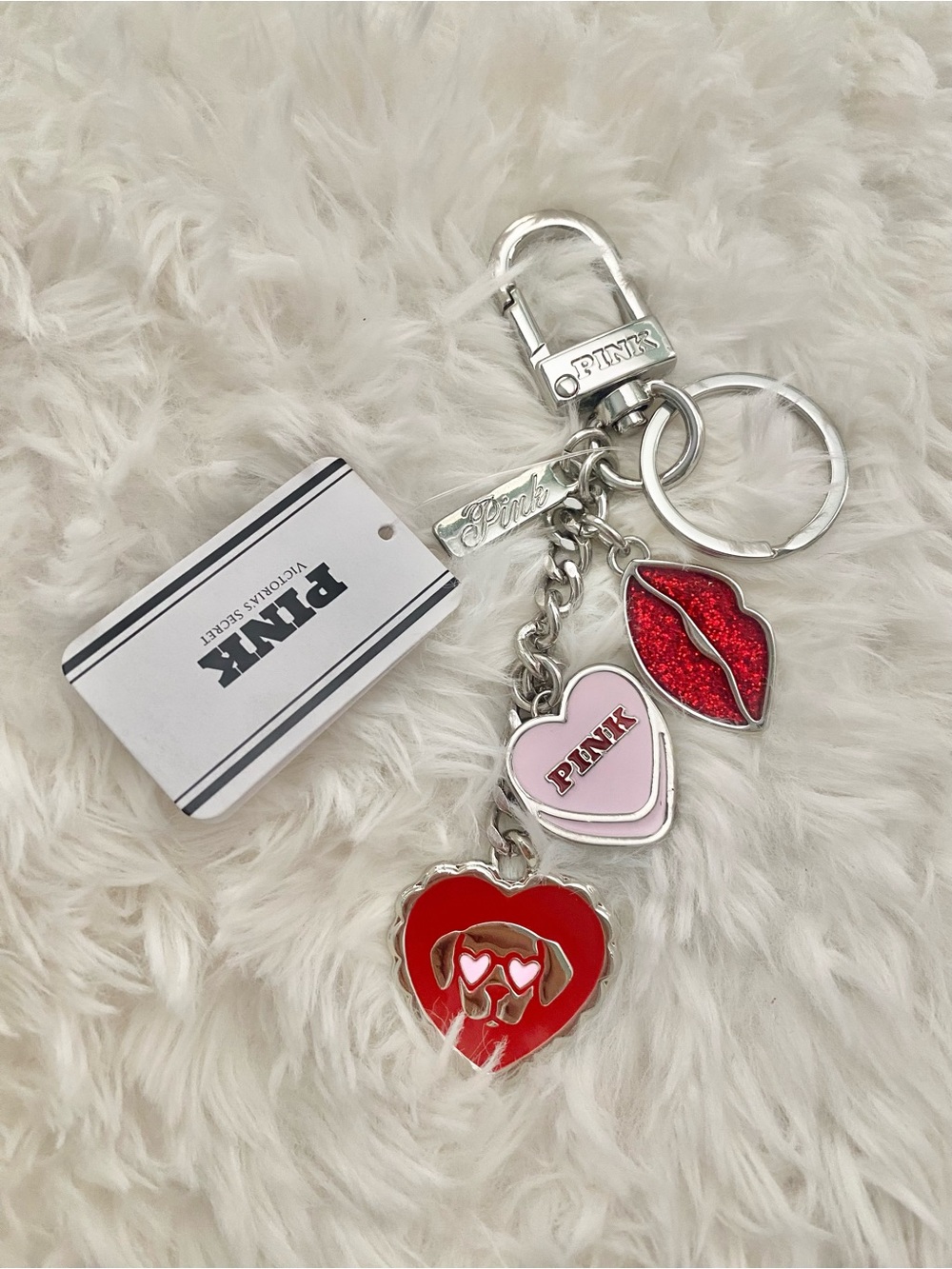 PINK Victoria's Secret Red & Pink Heart and Lip Charm Keychain
